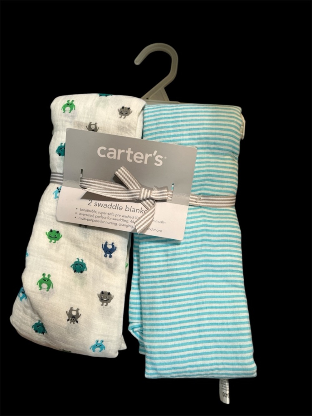 Carter's Aqua Stripe & Monster Muslin Swaddle Set NWT
